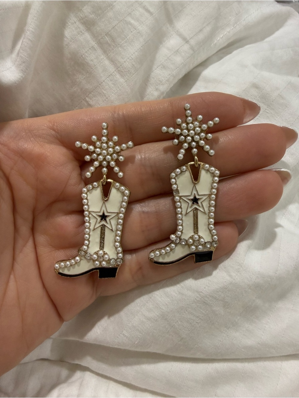 Pearl Cowboy Boot Statement Earrings - White & Gold
